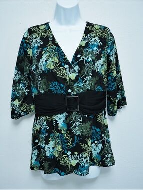 Style & Co. Floral Surplice Belted Women’s Top in Black and Teal